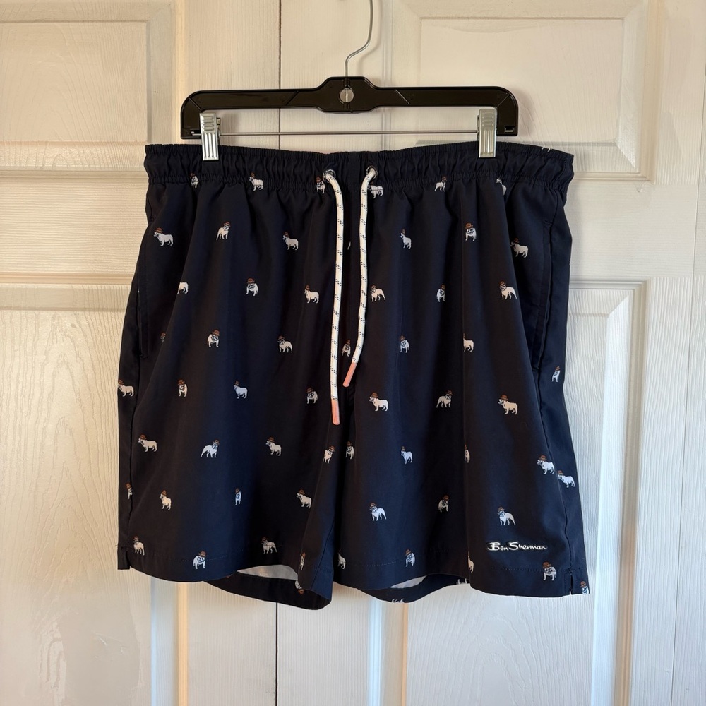 BEN SHERMAN Bulldog-Print Swim Shorts Stretch Drawstring Pocket Resort XL 7”‎